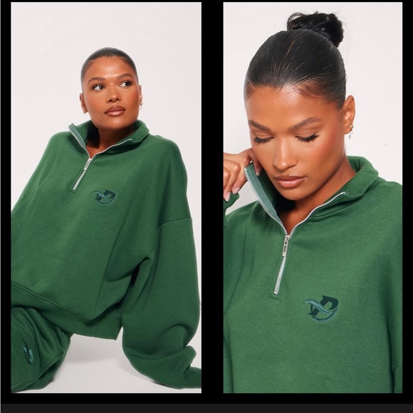 PRETTYLITTLETHING Forest Green Logo Embroidered Half Zip Sweatshirt SIZE SMALL - Picture 2 of 4